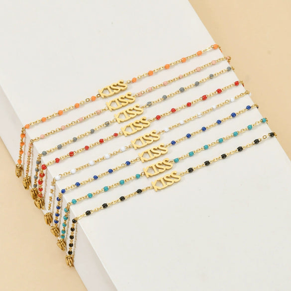 Wholesale Bohemian Bracelet With Oil Dropping Rice Beads And Letters Numbers Text Styling Stainless Steel Electroplating Treatment For Women