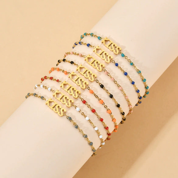 Wholesale Bohemian Bracelet With Oil Dropping Rice Beads And Letters Numbers Text Styling Stainless Steel Electroplating Treatment For Women