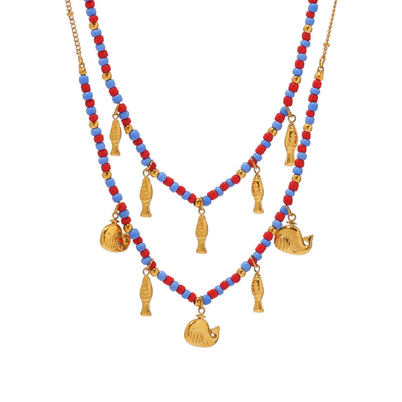 Wholesale Bohemian Dolphin Pendant Glaze Beaded Clavicle Chain For Women Stainless Steel Titanium Steel Geometric And Animal Pattern Electroplated