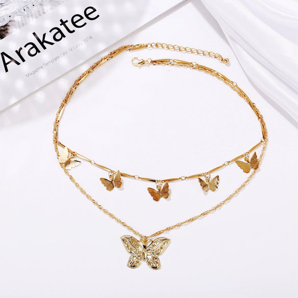 Wholesale Bohemian Fashion Alloy Butterfly Pendant Double Layer Necklace With Water Wave Chain And Geometric Pattern Electroplated