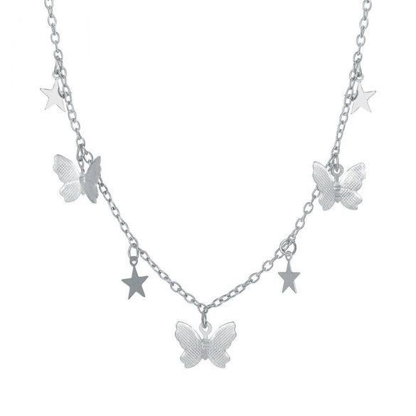 Wholesale Bohemian Fashion Alloy Butterfly Pendant Double Layer Necklace With Water Wave Chain And Geometric Pattern Electroplated