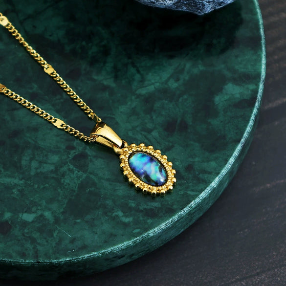 Wholesale Bohemian Retro Colorful Abalone Shell Natural Shell Titanium Steel Oval Geometric Inlay Pendant Necklace With 18K Gold Color Protection