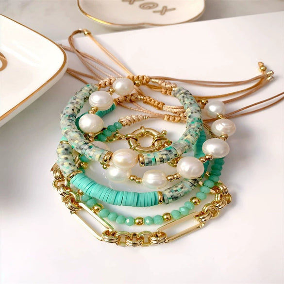 Wholesale Bohemian Retro Pottery Beaded Multilayer Stacked Natural Pearl Women's Bracelet Handwoven Geometric Style