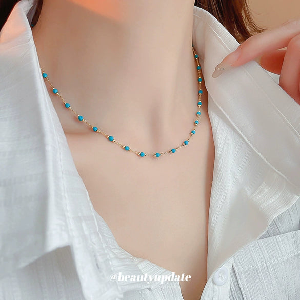 Wholesale Bohemian Style Retro Light Luxury Clavicle Chain Necklace With Artificial Stone Beads Real Gold Electroplated And Handmade Mixed Materials Geometric Shape