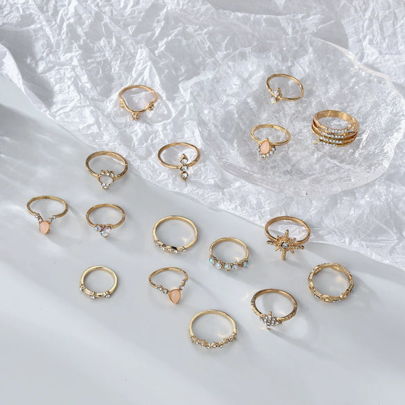 Wholesale Bohemian Style Ring Set With Diamond Inlay Alloy Geometric Leaves Electroplated Jewelry For Women