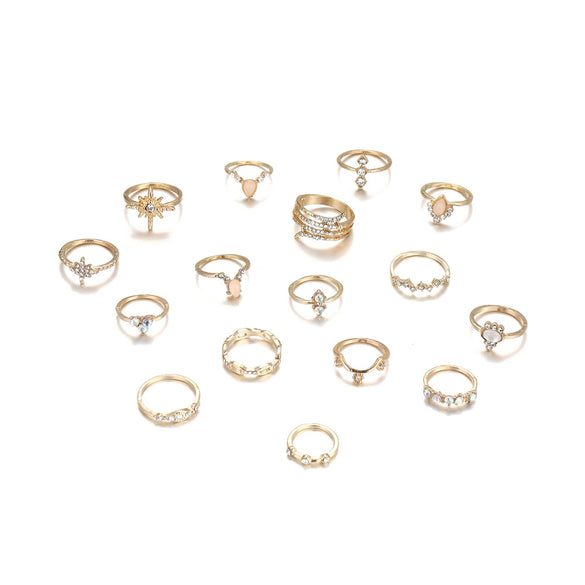 Wholesale Bohemian Style Ring Set With Diamond Inlay Alloy Geometric Leaves Electroplated Jewelry For Women