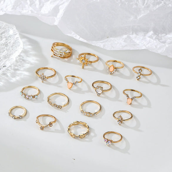 Wholesale Bohemian Style Ring Set With Diamond Inlay Alloy Geometric Leaves Electroplated Jewelry For Women