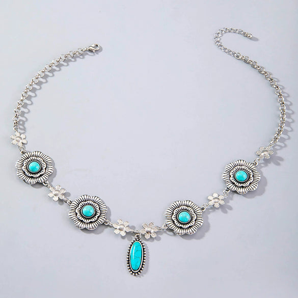 Wholesale Bohemian Style Turquoise Flower Pendant Alloy Necklace With Electroplating For Women