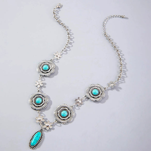 Wholesale Bohemian Style Turquoise Flower Pendant Alloy Necklace With Electroplating For Women