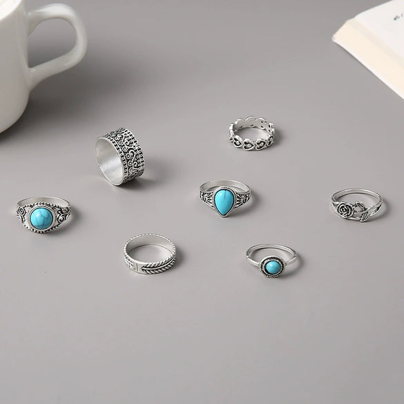Wholesale Bohemian Turquoise Rose Totem Ring Set For Women Alloy Geometric Electroplated