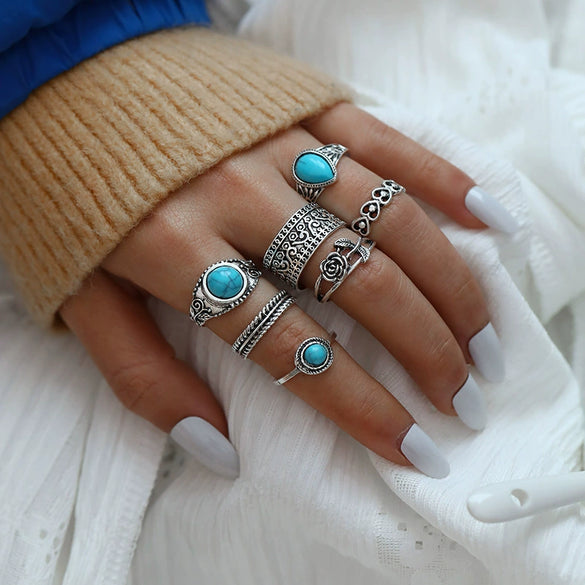Wholesale Bohemian Turquoise Rose Totem Ring Set For Women Alloy Geometric Electroplated