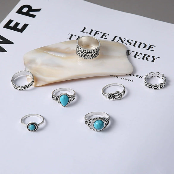 Wholesale Bohemian Turquoise Rose Totem Ring Set For Women Alloy Geometric Electroplated