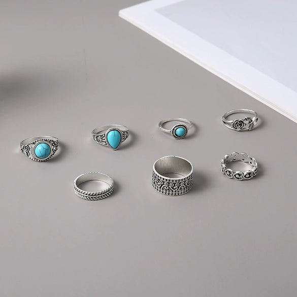 Wholesale Bohemian Turquoise Rose Totem Ring Set For Women Alloy Geometric Electroplated