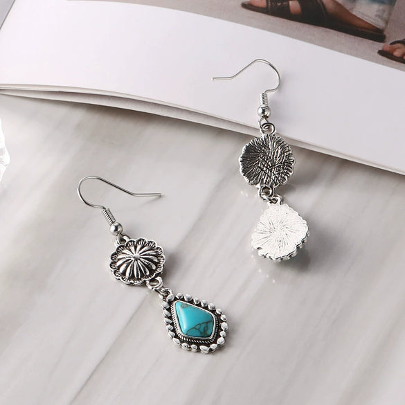 Wholesale Bohemian Vintage Carved Turquoise Long Earrings Alloy Geometric Electroplated For Women