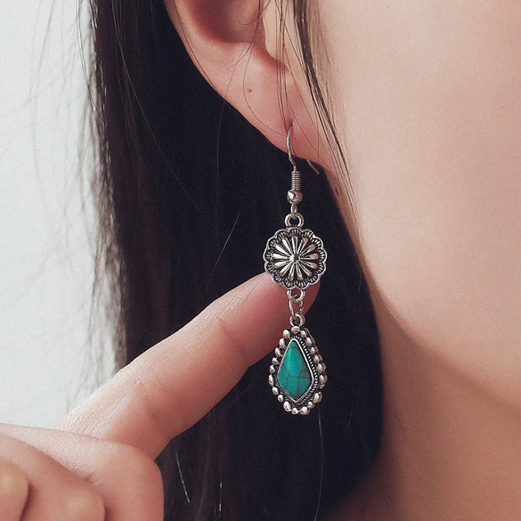 Wholesale Bohemian Vintage Carved Turquoise Long Earrings Alloy Geometric Electroplated For Women