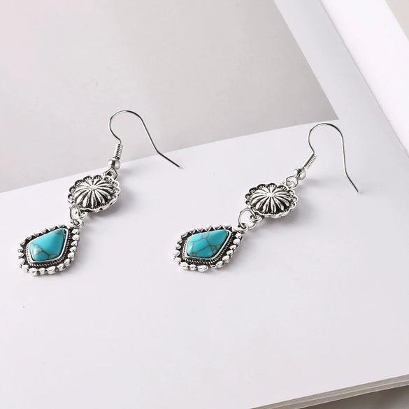 Wholesale Bohemian Vintage Carved Turquoise Long Earrings Alloy Geometric Electroplated For Women