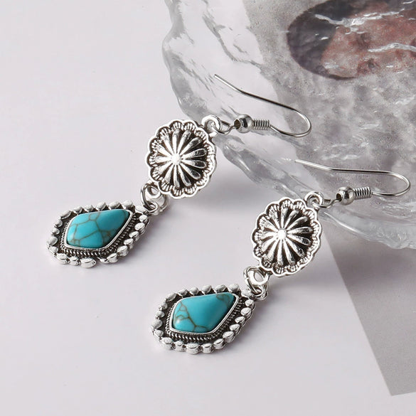 Wholesale Bohemian Vintage Carved Turquoise Long Earrings Alloy Geometric Electroplated For Women