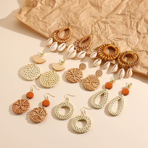 Wholesale Bohemian Wood Rattan Earrings Set With Geometric Pattern And Electroplating