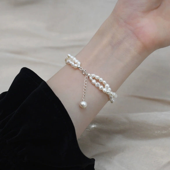 Wholesale Bracelet Natural Baroque Freshwater Pearl Handwoven Doublelayer S925 Silver Geometric Design For Women