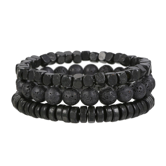 Wholesale Bracelet Set Volcanic Stone Black Matte Wood Bead Black Gallstone Geometric Handmade Unisex Hiphop Style