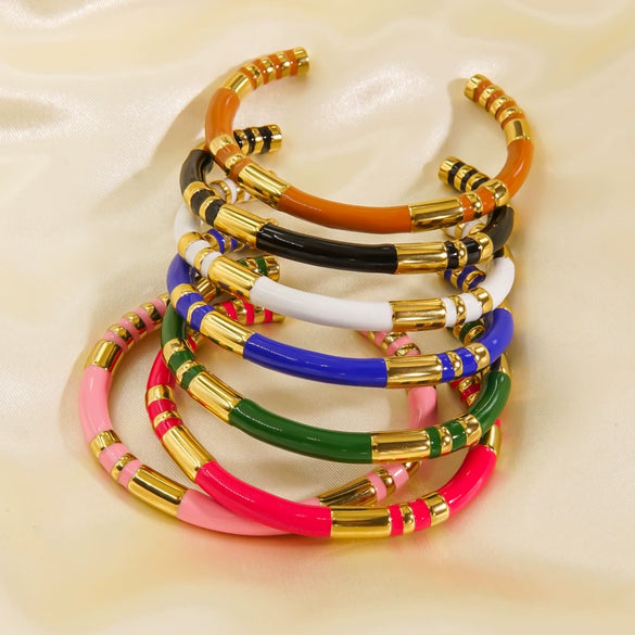 Wholesale Bracelet Stainless Steel Colorful Striped Dripping Oil Elegant Geometric Style For Women