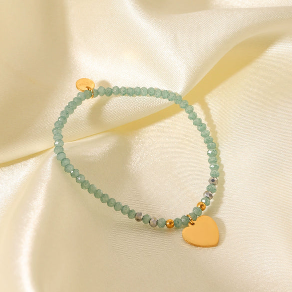 Wholesale Bracelet Stainless Steel Green Natural Stone Beaded Geometric Heart Shape Electroplated Jewelry For Women