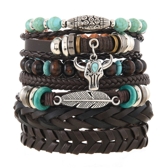 Wholesale Bracelet Zinc Alloy Geometric Hand Knitting Vintage Style Cow Head Feather Wooden Beads Unisex
