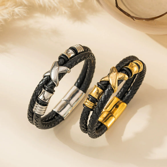 Wholesale Braided Leather Rope Unisex Retro Geometric Stainless Steel Bracelet With Magnetic Buckle