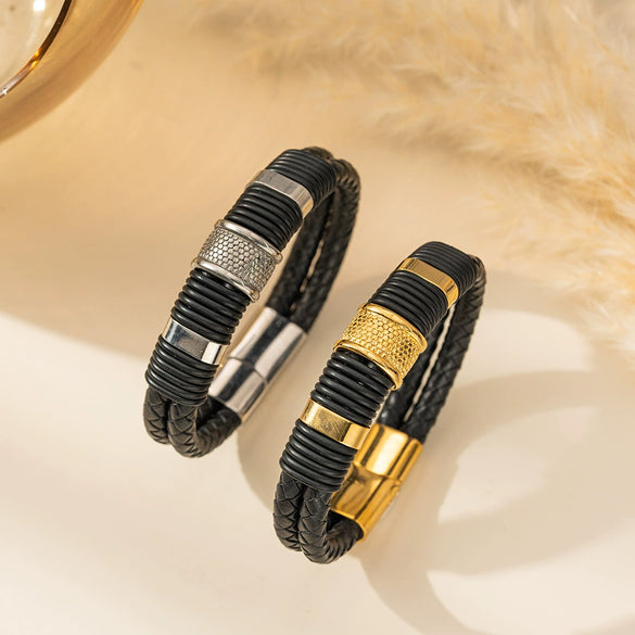 Wholesale Braided Leather Rope Unisex Retro Geometric Stainless Steel Bracelet With Magnetic Buckle