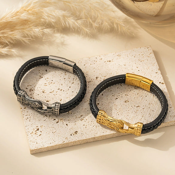 Wholesale Braided Leather Rope Unisex Retro Geometric Stainless Steel Bracelet With Magnetic Buckle