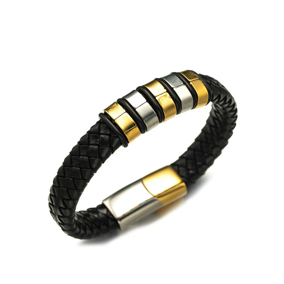 Wholesale Braided Leather Rope Unisex Retro Geometric Stainless Steel Bracelet With Magnetic Buckle