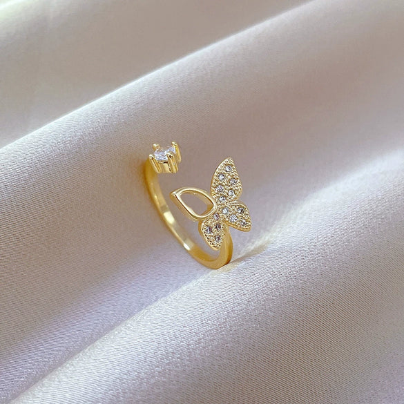 Wholesale Brass Cartoon Crown Style Hollow Butterfly Full Diamond Opening Adjustable Electroplated Women's Ring Bracelet