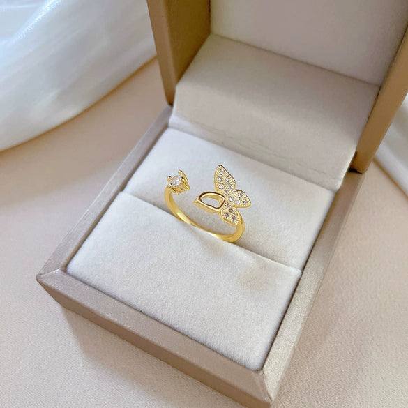 Wholesale Brass Cartoon Crown Style Hollow Butterfly Full Diamond Opening Adjustable Electroplated Women's Ring Bracelet