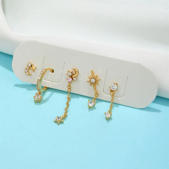 Wholesale Brass Earrings With Star And Moon Elements And Inlaid Zircon