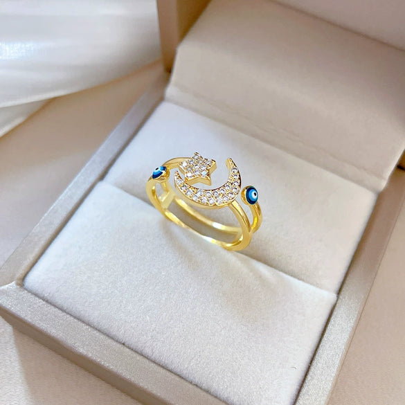 Wholesale Brass Ring With Real Gold Plating Open Star Moon Design Microinlaid The Crown Style For Women