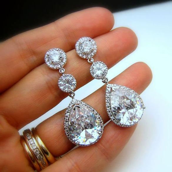 Wholesale Bridal Banquet Drop Shape Copper Earrings Inlaid With Zircon