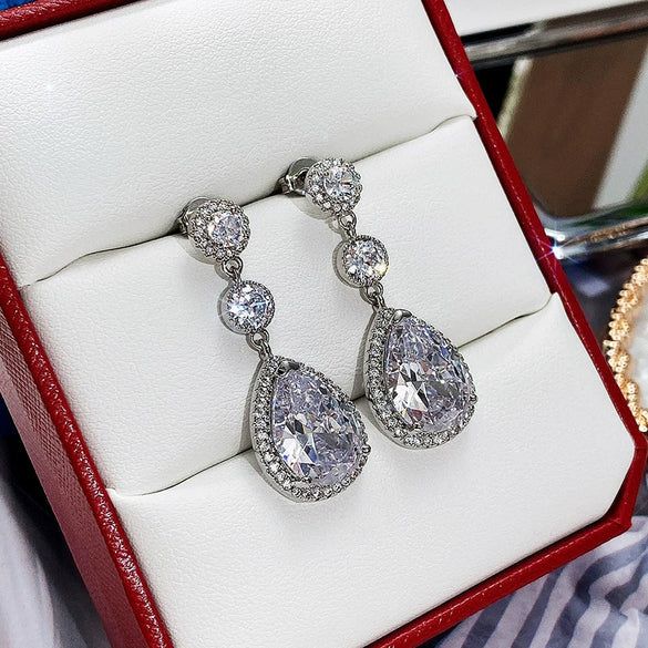 Wholesale Bridal Banquet Drop Shape Copper Earrings Inlaid With Zircon