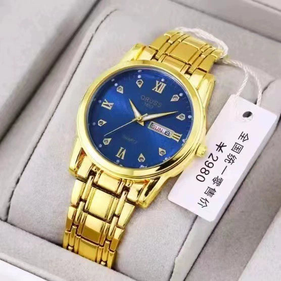 Wholesale Business Style Vintage Waterproof Couple's Quartz Watch With Steel Band And Case Round Dial Mineral Strengthened Glass Mirror Spiral Crown Bilateral Button Clasp