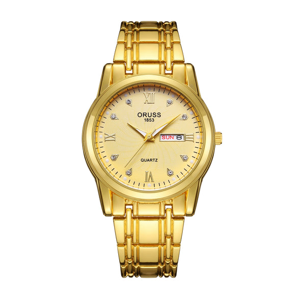 Wholesale Business Style Vintage Waterproof Couple's Quartz Watch With Steel Band And Case Round Dial Mineral Strengthened Glass Mirror Spiral Crown Bilateral Button Clasp