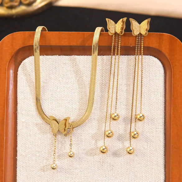 Wholesale Butterfly Dragonfly Insect Pattern Electroplated Stainless Steel Necklace And Earrings Set For Women