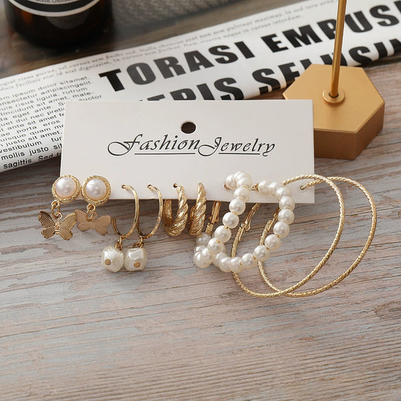 Wholesale Butterfly Earrings Set Simple Creative Pearl And Alloy Earrings With Pearl Inlaid Design