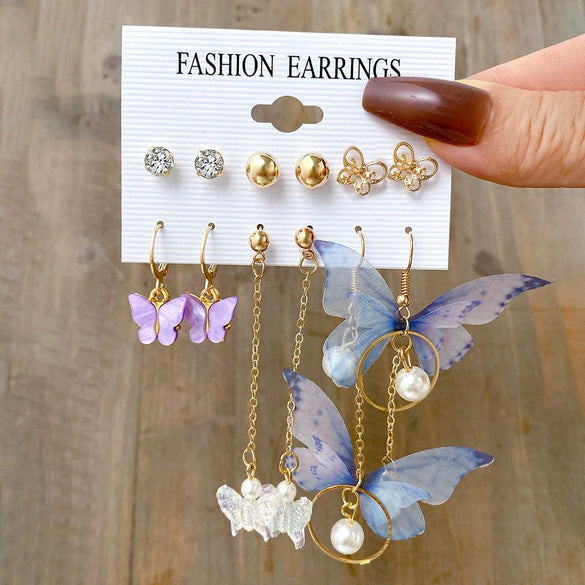 Wholesale Butterfly Love Lock Rose Diamond Pearl Earrings Set Alloy Electroplated With Heart Animal Zodiac Patterns Unisex