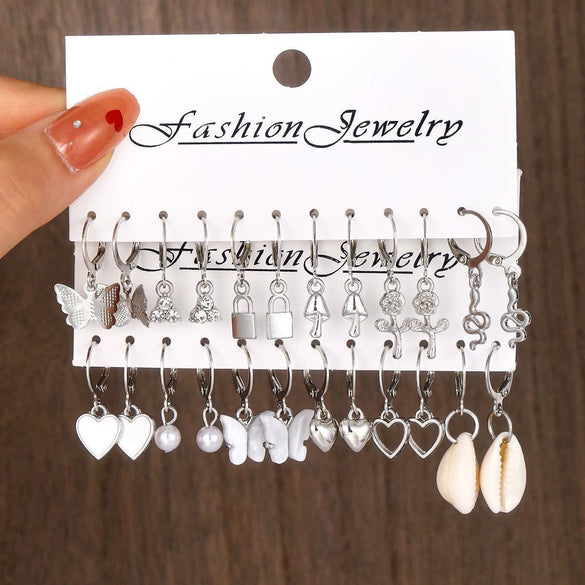 Wholesale Butterfly Love Lock Rose Diamond Pearl Earrings Set Alloy Electroplated With Heart Animal Zodiac Patterns Unisex