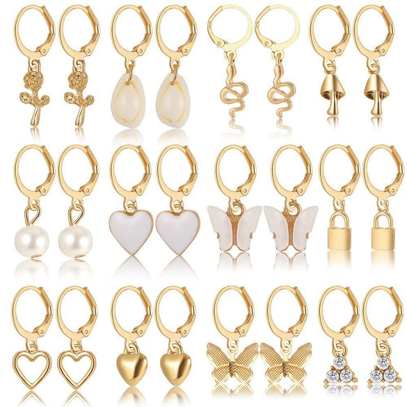 Wholesale Butterfly Love Lock Rose Diamond Pearl Earrings Set Alloy Electroplated With Heart Animal Zodiac Patterns Unisex