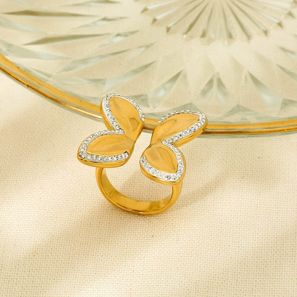 Wholesale Butterfly Open Ring Stainless Steel 18K Gold Plated Diamond Design Insect Pattern Jewelry Accessories For Women
