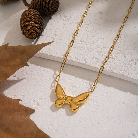 Wholesale Butterfly Pendant Necklace For Women Stainless Steel 18K Real Gold Plated With Paper Clip Chain Casual Animal Zodiac Style