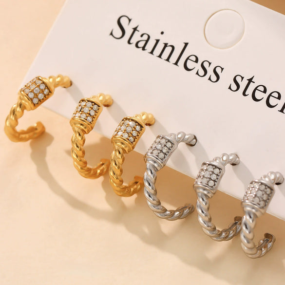Wholesale C Shaped Twist Zircon Earrings In Stainless Steel With 18K Gold Color Preserving Electroplated Geometric Design For Women