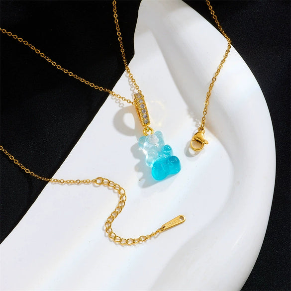Wholesale Candy Bear Necklace Mixed Gem Inlay Copper Electroplated Sweet Animal Zodiac Style Unisex Cross Chain Accessory