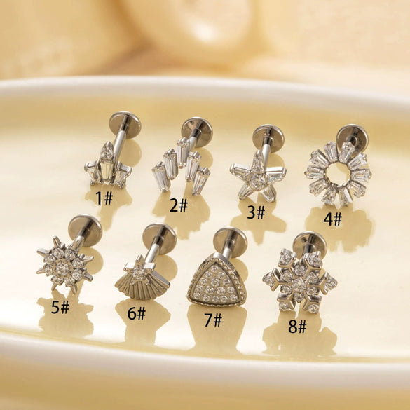 Wholesale Cartilage Puncture Ear Bone Nail Lip Nail Titanium Alloy Microinlaid Zircon Snowflake Flat Bottom Rod Internal Tooth With Flower Pattern Electroplated For Women