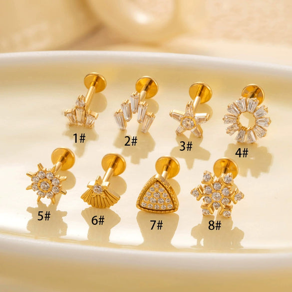 Wholesale Cartilage Puncture Ear Bone Nail Lip Nail Titanium Alloy Microinlaid Zircon Snowflake Flat Bottom Rod Internal Tooth With Flower Pattern Electroplated For Women